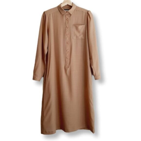 Vintage 100% Virgin Wool Long Sleeve Pop-Over Semi-Sheer Dress Tan Sz 8 P - Picture 1 of 12